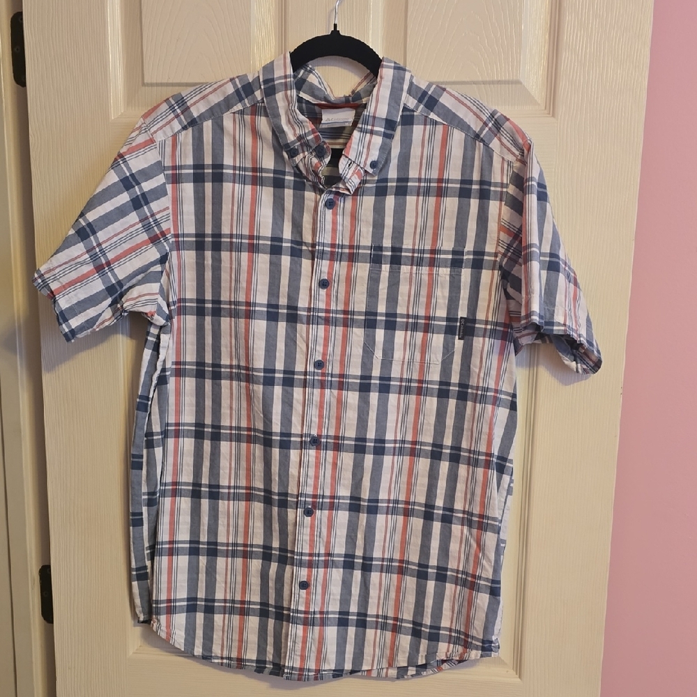 Columbia Blue and Red Plaid Button-Down Shirt‎
